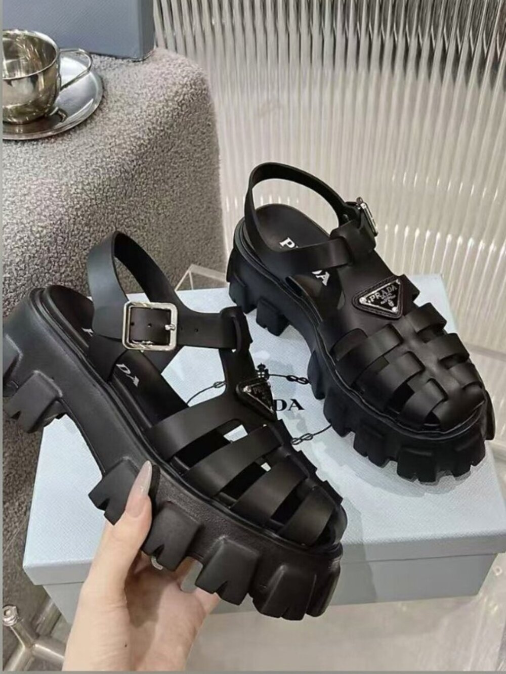 Prada Monolith Black Fisherman Cage Lug Sole Platform Sandals - Picture 2 of 6